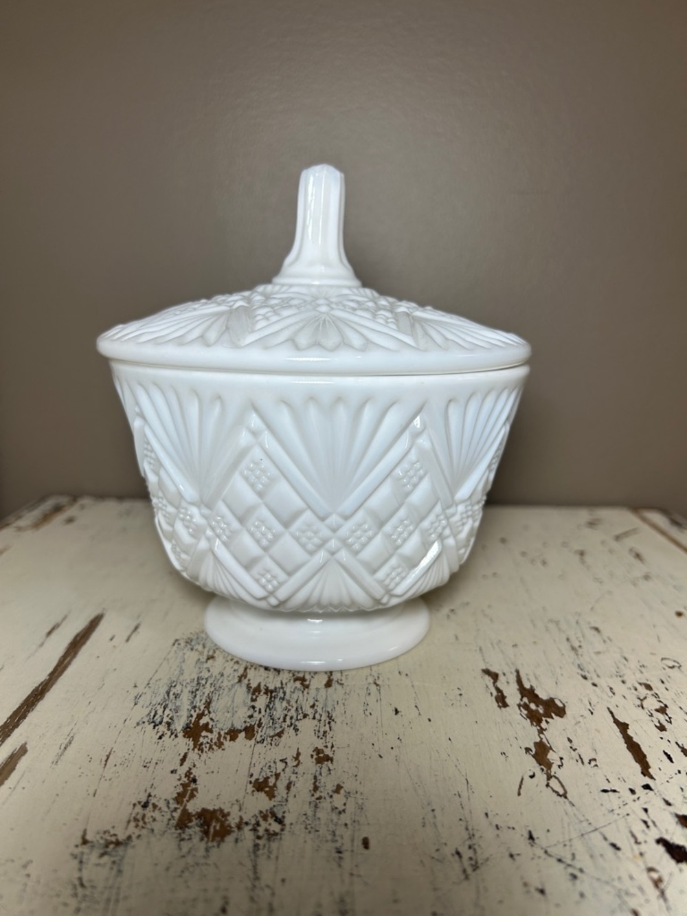 Vintage White Milk Glass Covered Candy Dish